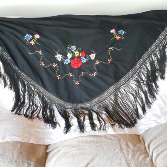 Fringe Piano Shawl Embroidered Floral on Black - Picture 1 of 3
